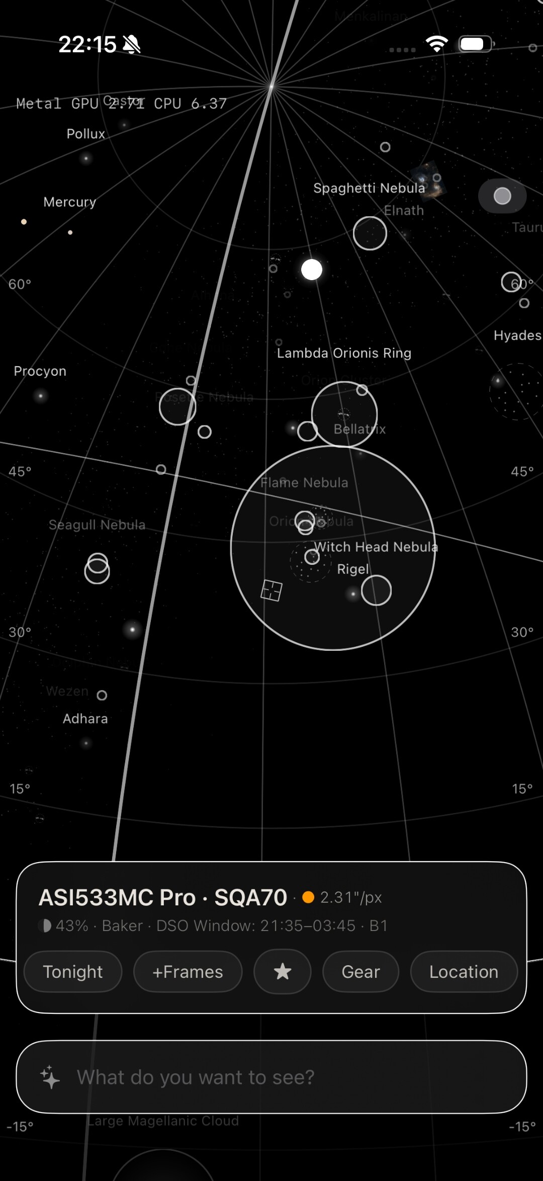 +Frames — Atlas view with Witch Head Nebula, Orion region and equipment card