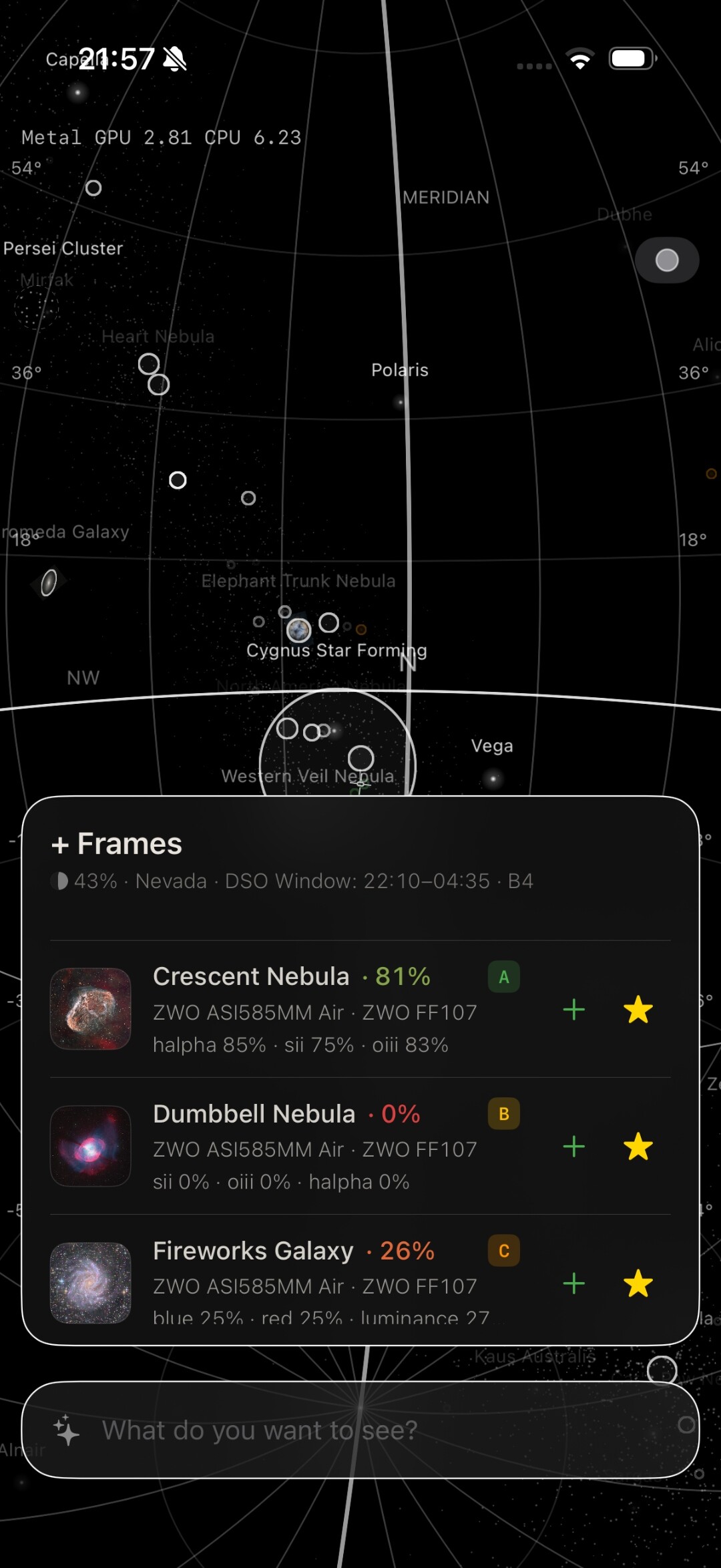 +Frames — target list with scores and gear