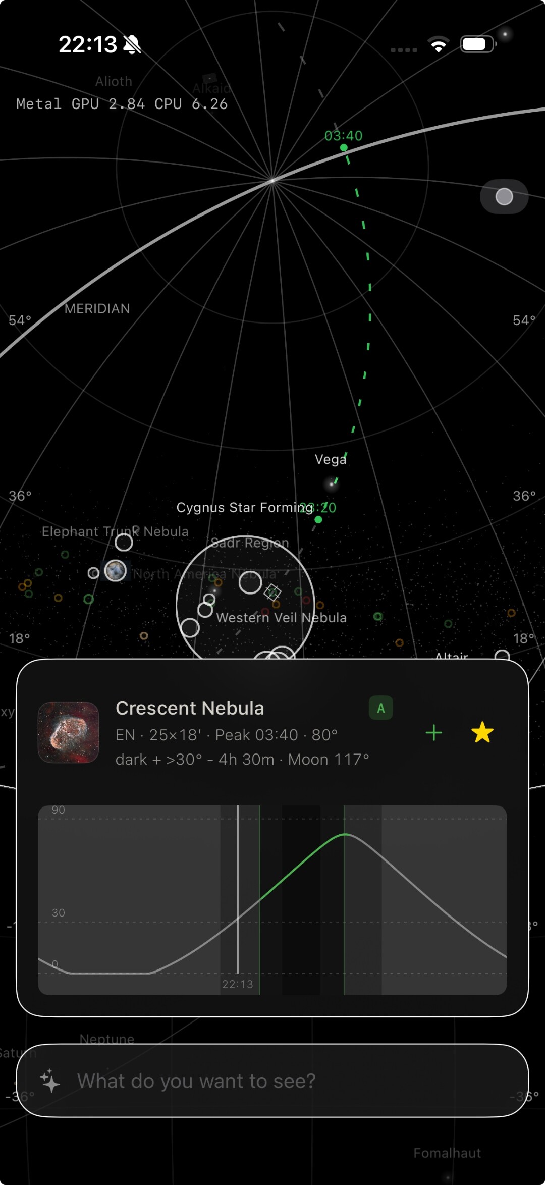 +Frames — Crescent Nebula altitude curve with peak window