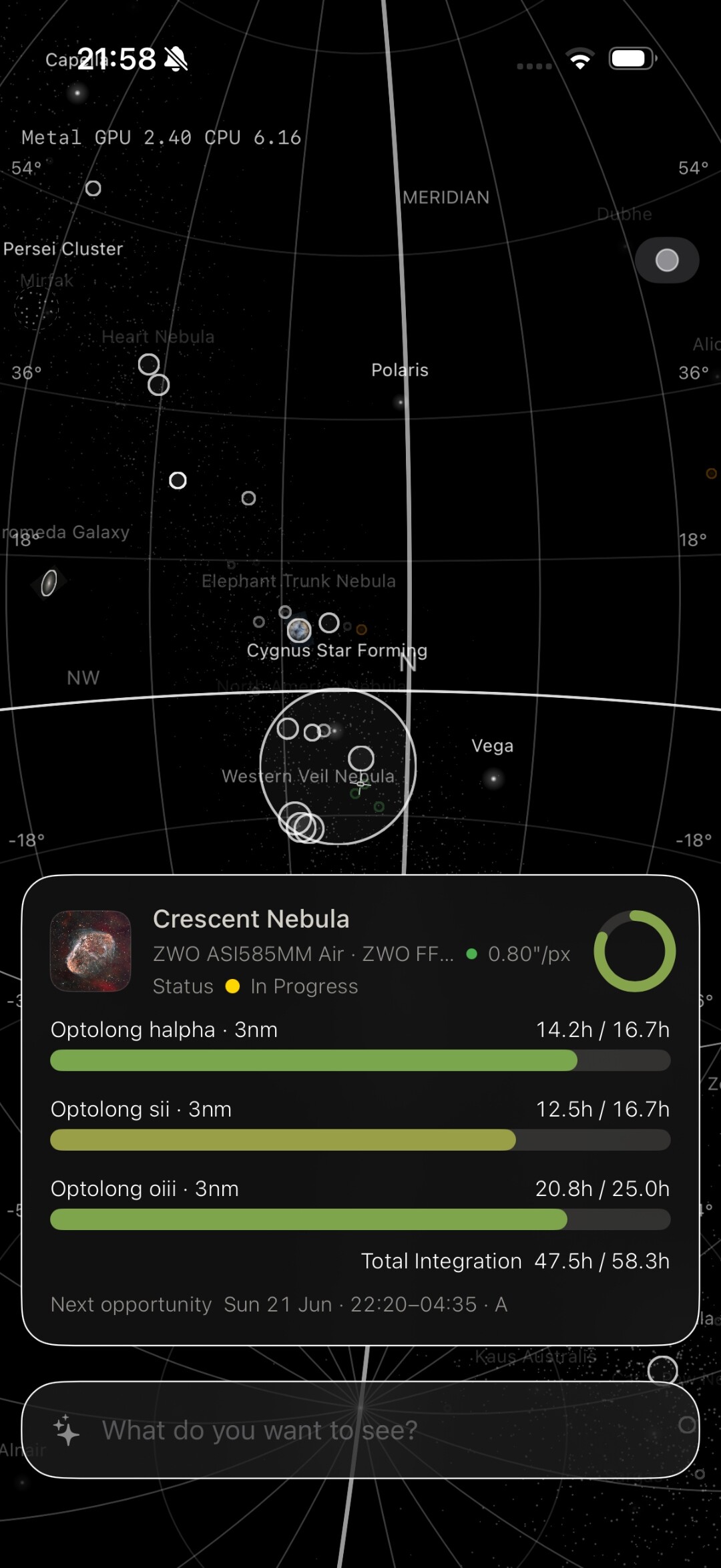 +Frames — Crescent Nebula imaging progress with filter integration bars