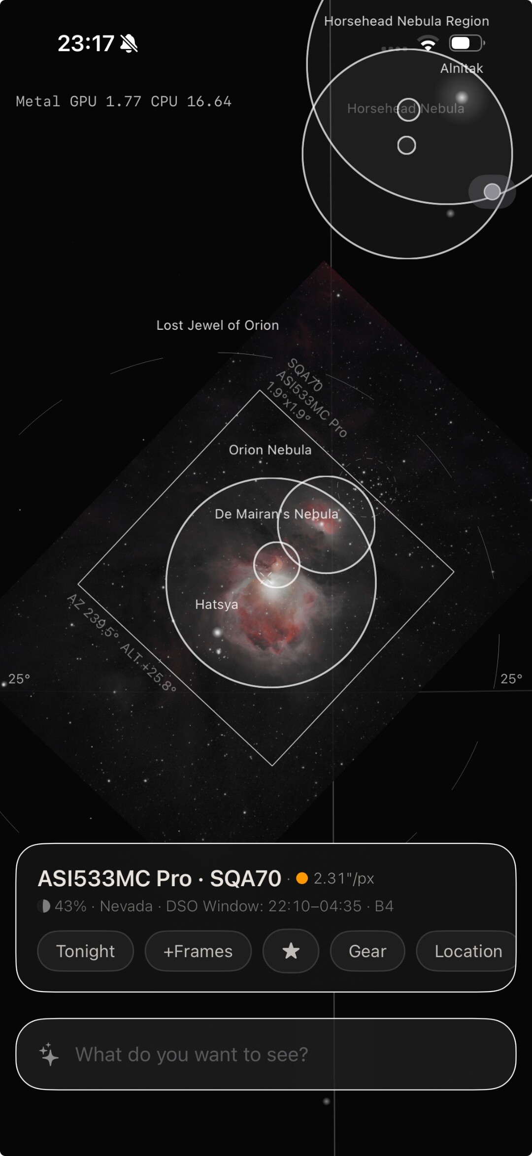 +Frames — Atlas view of Orion Nebula plate-solved with ASI533MC Pro frame
