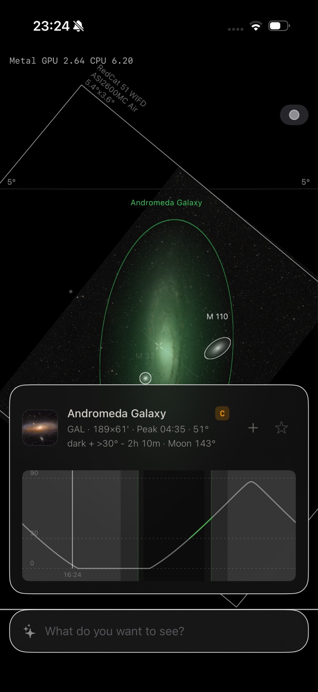+Frames — Atlas view of Andromeda Galaxy with camera frame and altitude curve